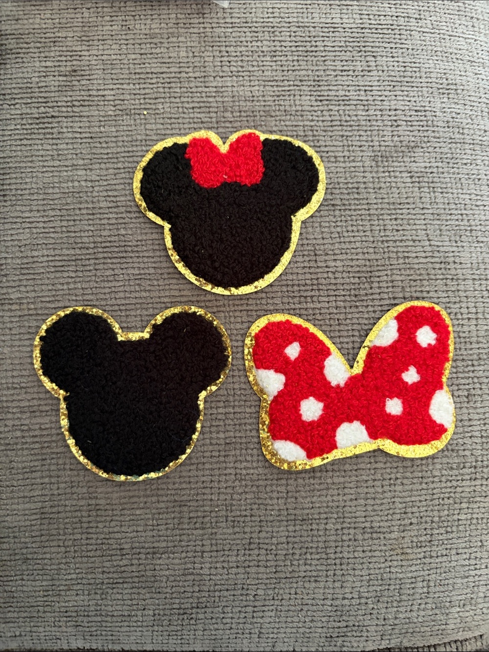 Black & Red Mickey and Minnie Chenille Iron On Patch Set with Gold Trim